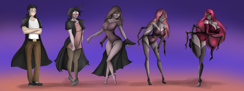 2018 anthro arachnid arthropod big_breasts black_hair breast_growth breasts clothed clothing coat deiser eyewear female gender_transformation glasses hair human human_to_anthro luxianne male mammal mtf_transformation multi_arm multi_eye multi_limb on_one_leg pants red_eyes red_hair sequence shirt simple_background smile solo spider standing surprise transformation
