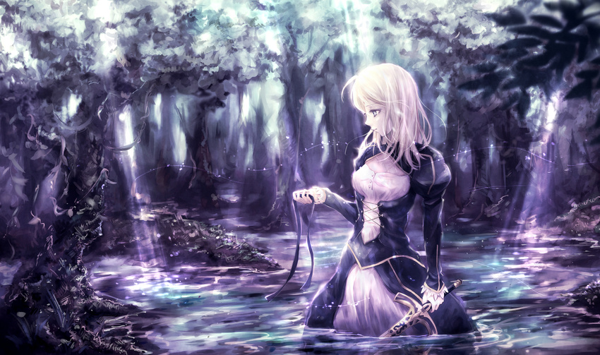 ahoge artoria_pendragon_(all) blue_dress blue_ribbon caliburn dress excalibur fate/stay_night fate_(series) forest hair_down hair_ribbon lake landscape light_rays long_hair nature nuwanko outdoors ribbon saber scenery solo sunbeam sunlight sword weapon