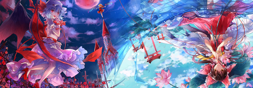 blonde_hair bow brown_hair cloud cross day day_and_night flandre_scarlet flower frilled_skirt frills hair_bow hakurei_reimu hat highres moon multiple_girls night red_eyes red_moon remilia_scarlet skirt sky tg torii touhou vampire