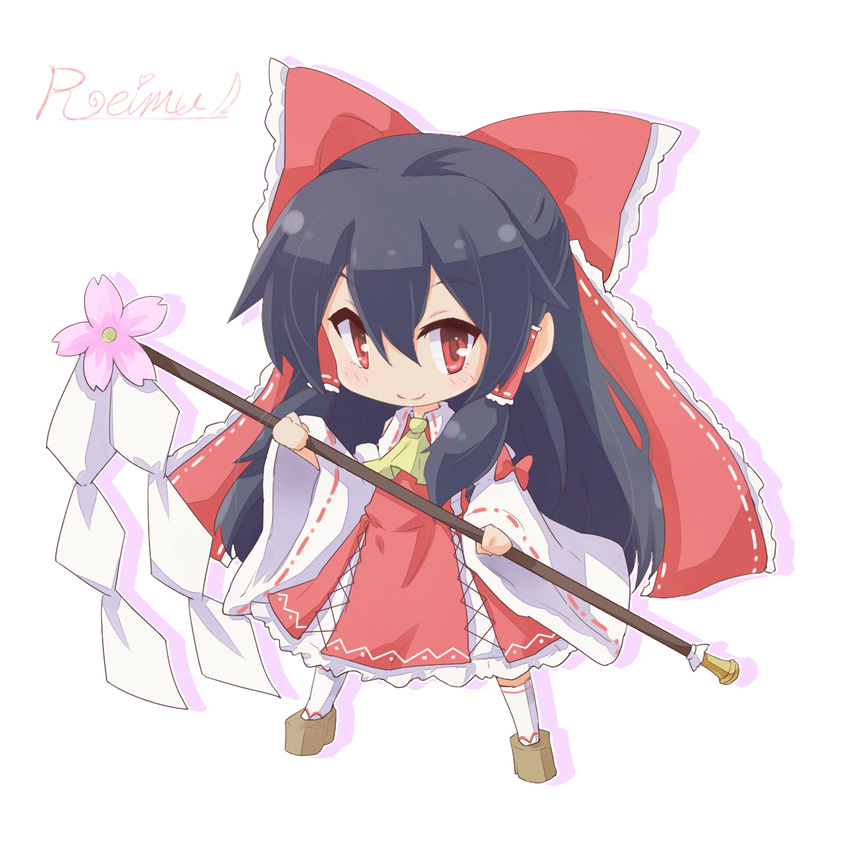 ascot black_hair bow character_name chibi detached_sleeves flower fushigi_ebi gohei hair_bow hair_tubes hakurei_reimu heart highres long_hair looking_at_viewer red_eyes ribbon smile solo touhou