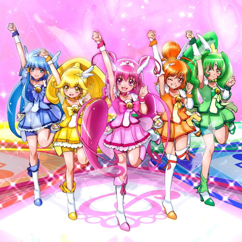 5girls aoki_reika blonde_hair blue_eyes blue_hair bow choker cure_beauty cure_happy cure_march cure_peace cure_sunny green_choker green_eyes green_hair green_shorts green_skirt hair_flaps highres hino_akane_(smile_precure!) hoshizora_miyuki kise_yayoi long_hair magical_girl midorikawa_nao miyamoto_hiroshi multiple_girls official_art one_eye_closed open_mouth orange_choker orange_hair pink_bow pink_choker pink_eyes pink_hair pink_skirt ponytail precure promotional_art red_eyes short_hair shorts shorts_under_skirt skirt smile smile_precure! source_request tiara yay!_yay!_yay! yellow_bow yellow_eyes yellow_shorts yellow_skirt