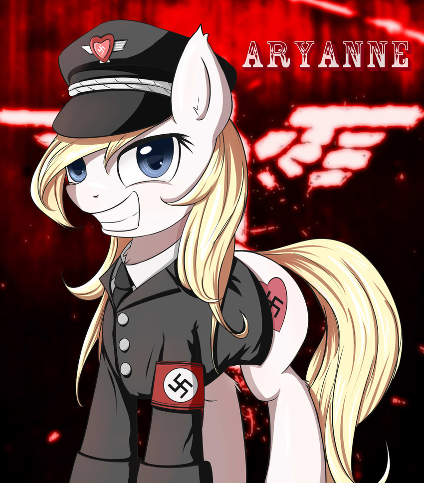 aryanne_(character) aryanne_(mlp) blonde_hair blue_eyes clothing equine hair hat horse mammal my_little_pony nazi original_character outfit pony smile swastika teeth