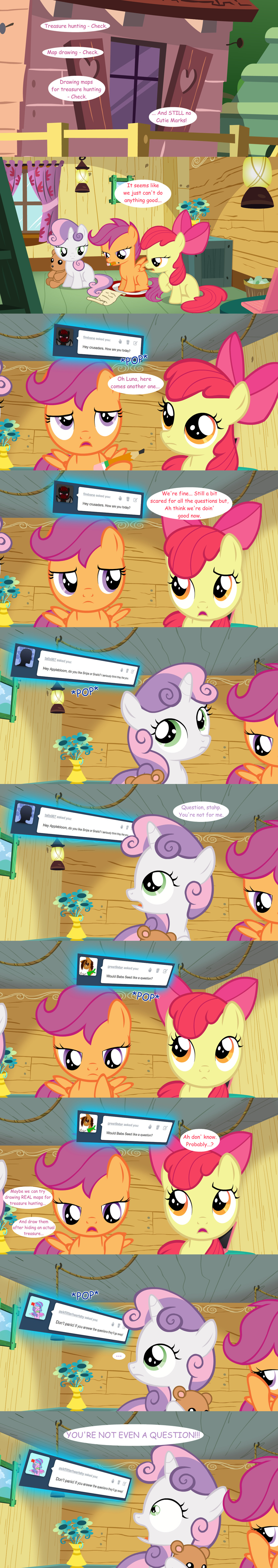 bear bow breaking_the_fourth_wall clubhouse comic computer cub cutie_mark_crusaders_(mlp) doll english_text equine female feral friendship_is_magic group hair horn horse jananimations laptop mammal my_little_pony pegasus pony scootaloo_(mlp) screaming sweetie_belle_(mlp) teddy_bear text tongue tumblr unicorn wings young