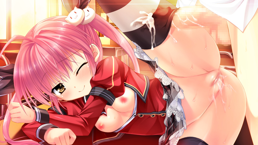 akiyoshi_nekoko blush breasts cum game_cg koiiro_marriage marmalade nipples photoshop pink_hair pussy pussy_juice sasorigatame seifuku thighhighs twintails uncensored