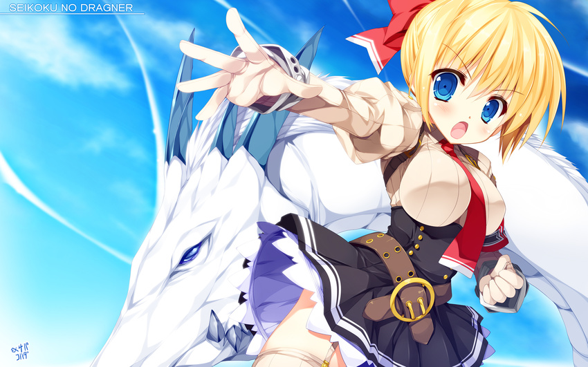 blonde_hair blue_eyes breasts clenched_hand cloud copyright_name day dragon garter_straps gloves hair_ribbon highres juliet_sleeves large_breasts long_sleeves necktie open_mouth outstretched_arm pleated_skirt puffy_sleeves ribbon seikoku_no_dragonar shimesaba_kohada shirt short_hair silvia_lautreamont skirt sky teeth wallpaper white_gloves white_legwear