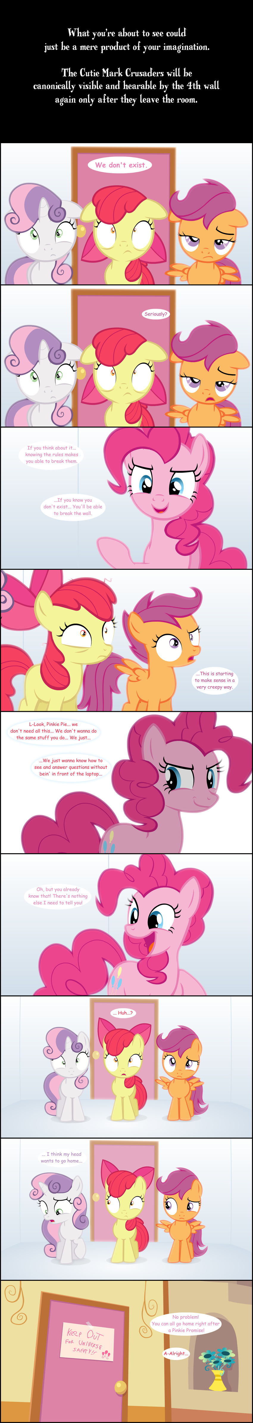 blue_eyes bow breaking_the_fourth_wall comic cub cutie_mark_crusaders_(mlp) equine female feral friendship_is_magic green_eyes group hair horn horse jan_(artist) jananimations mammal my_little_pony nervous orange_eyes pegasus pink_hair pinkie_pie_(mlp) pony purple_eyes red_hair scootaloo_(mlp) smile sweetie_belle_(mlp) two_tone_hair unicorn wings young