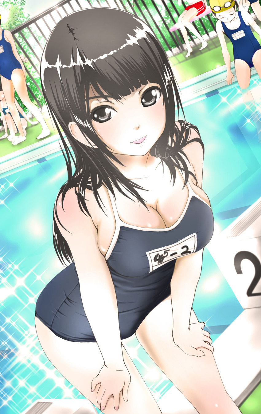 black_eyes black_hair blush breasts cleavage competition_school_swimsuit goggles gym_shorts hands_on_thighs higashi_tarou highres large_breasts long_hair looking_at_viewer multiple_girls name_tag new_school_swimsuit one-piece_swimsuit original pool poolside school_swimsuit shorts solo_focus swimsuit