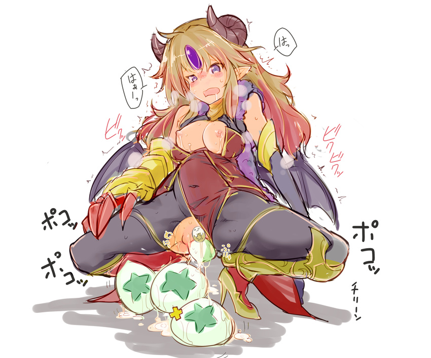 bat_wings blonde_hair blush breasts breasts_outside breath bunnysuit censored claws demon_horns drooling egg egg_laying forehead_jewel gauntlets greaves half-closed_eyes high_heels highres horns large_breasts leotard leotard_aside long_hair navel nikke_(cherish) nipples novelty_censor open_mouth pantyhose pointy_ears purple_eyes pussy pussy_juice puzzle_&amp;_dragons saliva simple_background solo spread_legs spread_pussy squatting star_egg_(p&amp;d) sweat torn_clothes torn_legwear white_background wicked_lady_(p&amp;d) wings
