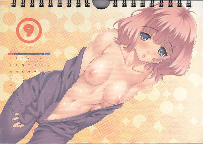 1girl areolae bangs bare_shoulders blunt_bangs blush bodysuit breasts breasts_apart calendar collarbone dutch_angle embarrassed evangelion:_3.0_you_can_(not)_redo female fingernails floral_background hand_on_thigh head_tilt highres hips kitakami_midori kure_masahiro lips looking_at_viewer navel neon_genesis_evangelion nipples no_bra no_panties off_shoulder open_clothes open_shirt parted_lips pink_hair rebuild_of_evangelion scan shiny shiny_skin shirt short_hair shy simple_background sleeves_past_wrists solo standing sweat thigh_gap undressing wavy_hair