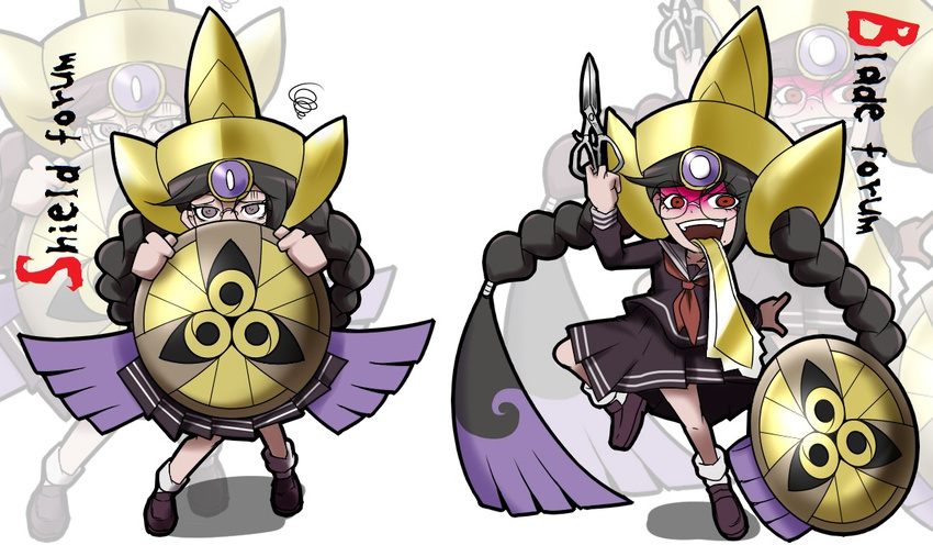 aegislash braid cosplay danganronpa danganronpa_1 dual_persona fukawa_touko gen_6_pokemon genocider_shou glasses pokemon pokemon_(creature) pokemon_(game) pokemon_xy school_uniform scissors shan_grila shield spoilers tongue tongue_out typo