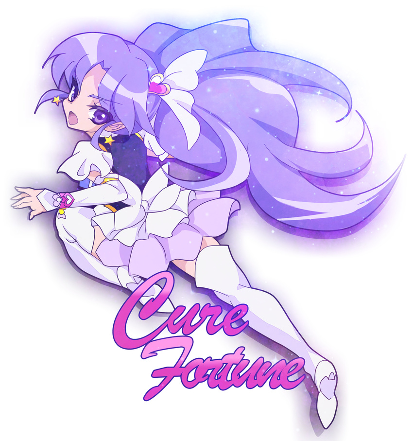 :d arm_warmers boots character_name cure_fortune earrings full_body guchurimu_genrishugi hair_ornament happinesscharge_precure! heart heart_hair_ornament highres hikawa_iona jewelry long_hair looking_back magical_girl open_mouth precure purple_eyes purple_hair purple_skirt skirt smile solo thigh_boots thighhighs white_legwear wide_ponytail