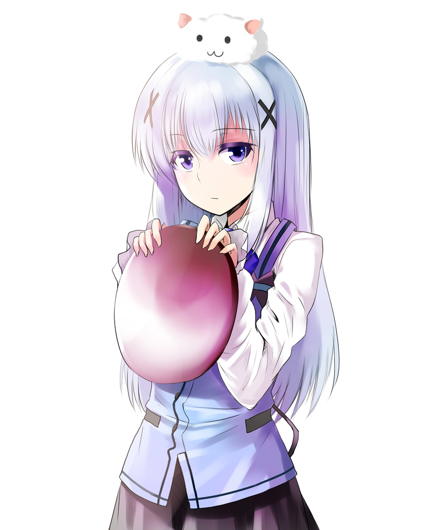 :/ :3 absurdres angora_rabbit animal animal_on_head blue_hair blush bunny expressionless gochuumon_wa_usagi_desu_ka? hair_ornament hairclip highres holding kafuu_chino karadborg long_hair looking_at_viewer on_head purple_eyes rabbit_house_uniform shirt simple_background sleeves_past_wrists solid_circle_eyes tippy_(gochiusa) tray vest white_background x_hair_ornament