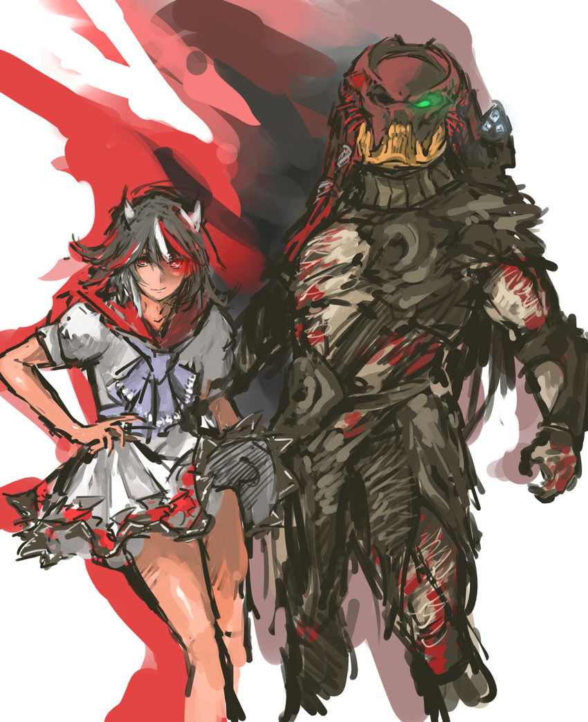 armor berserker_predator black_hair crossover dress fishnets gauntlets glowing glowing_eye green_eyes hairlocs helmet highres horns kijin_seija mr._black nameo_(judgemasterkou) neckerchief pauldrons predator predator_(movie) red_eyes red_hair short_hair shoulder_cannon simple_background skirt touhou white_background white_hair