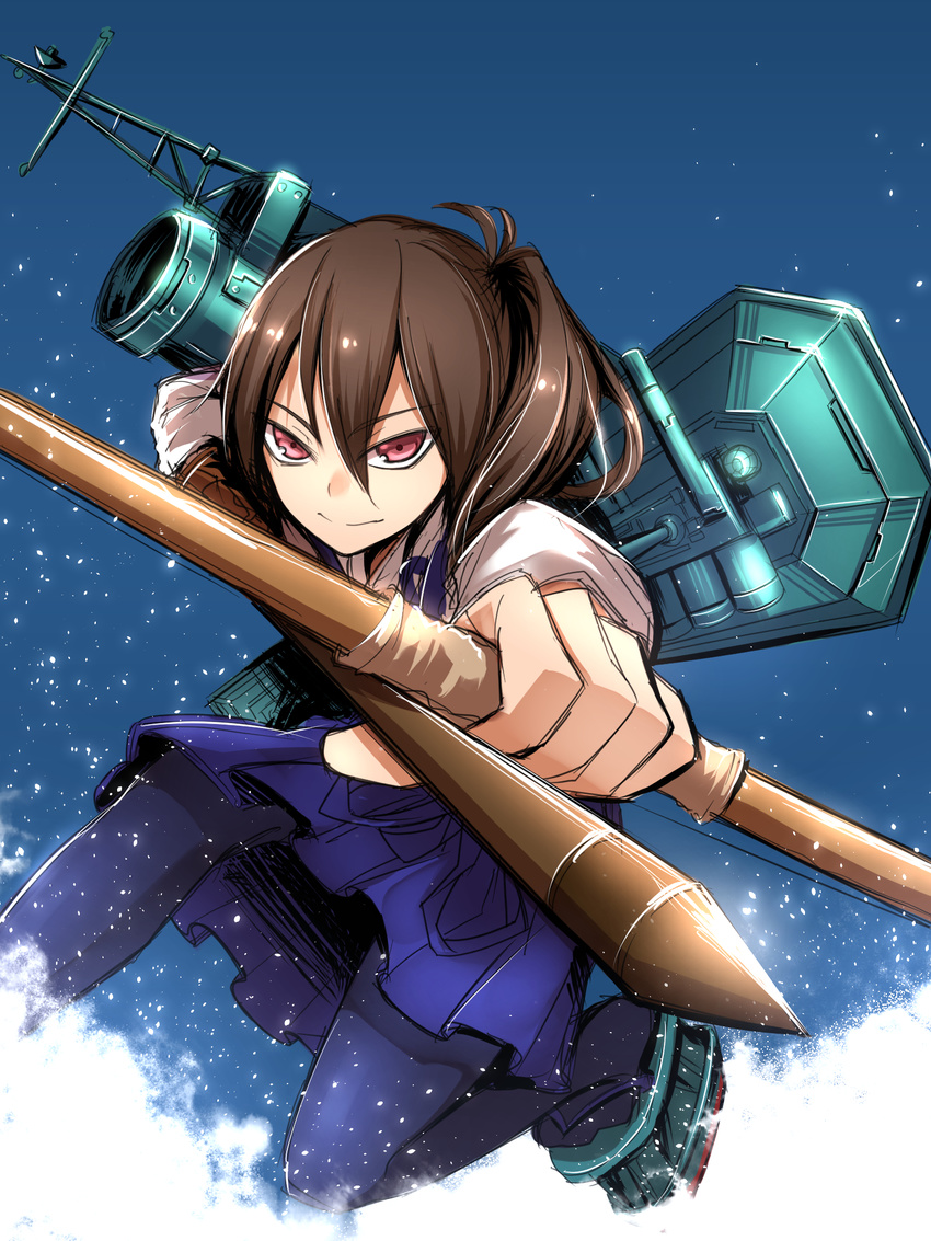 aiming aiming_at_viewer alternate_eye_color alternate_legwear archery arrow black_legwear bow_(weapon) brown_hair clog_sandals drawing_bow flight_deck gloves hakama_skirt highres holding holding_arrow holding_bow_(weapon) holding_weapon ichifuji_nitaka_(phase_nine) japanese_clothes kaga_(kantai_collection) kantai_collection kyuudou muneate outstretched_arm pantyhose partly_fingerless_gloves quiver radio_antenna red_eyes short_hair side_ponytail single_glove skirt solo weapon yugake