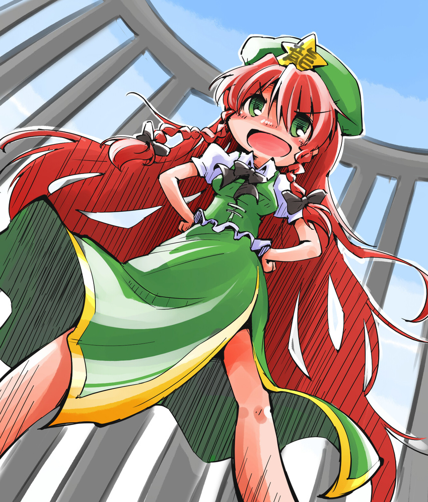 bow braid china_dress chinese_clothes commentary_request dress gate green_eyes hair_bow hands_on_hips hat highres hong_meiling long_hair open_mouth puffy_sleeves red_hair shinapuu shirt short_sleeves side_slit smile solo star touhou twin_braids very_long_hair