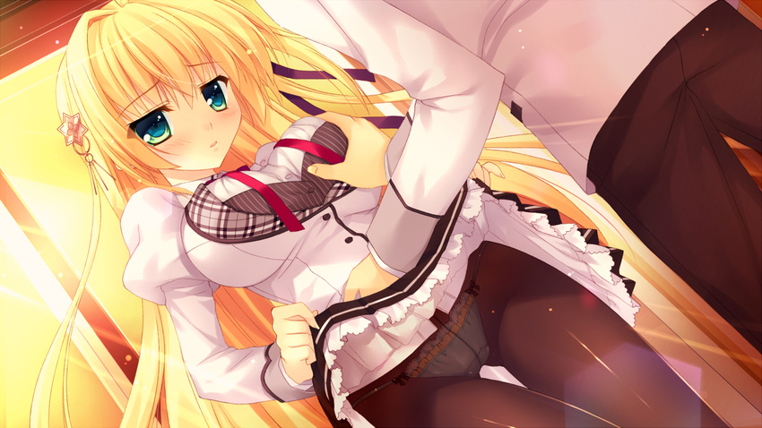 alia's_carnival blonde_hair blue_eyes breast_grab game_cg long_hair nanao_naru nanawind panties pantyhose ribbons sakurakouji_tsukuyomi seifuku skirt skirt_lift underwear