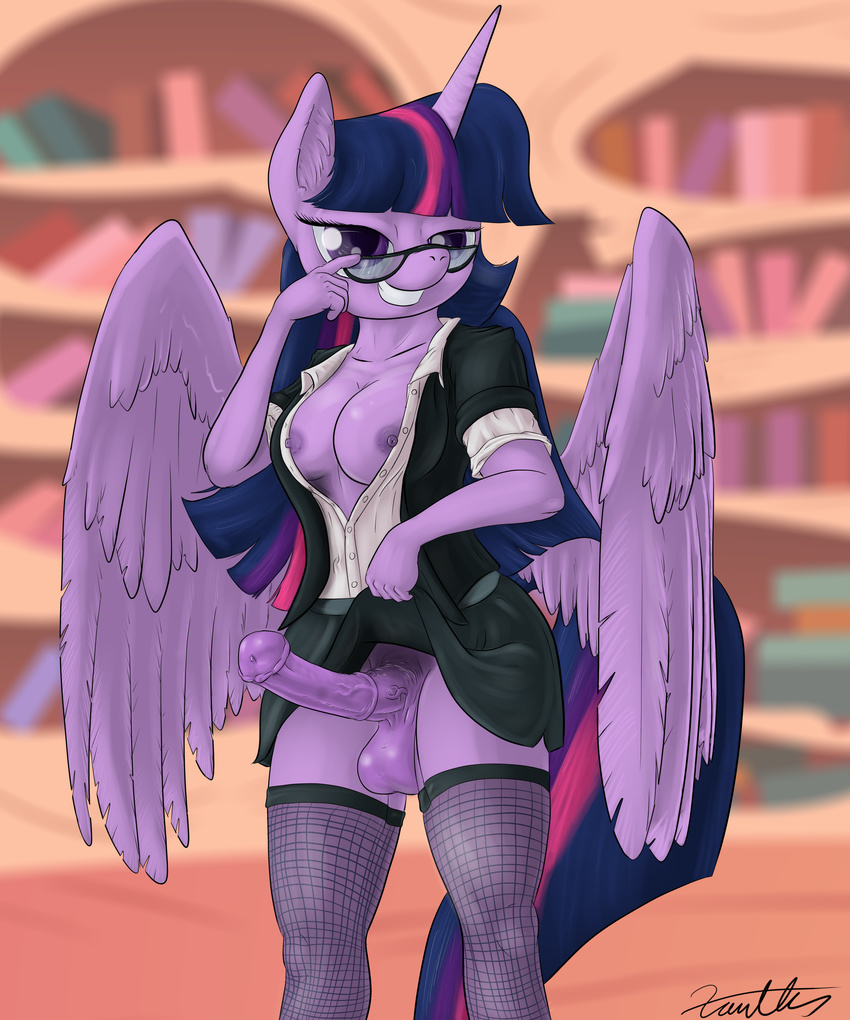 animal_genitalia anthro anthrofied balls breasts clothing dickgirl equine erection eyewear fishnet friendship_is_magic fur glasses hair horn horsecock inside intersex legwear library mammal my_little_pony nipples penis purple_eyes purple_fur purple_hair smile solo standing stockings twilight_sparkle_(mlp) vein winged_unicorn wings xanthor