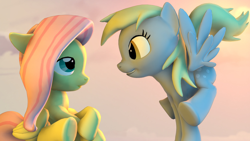 3d absurd_res blonde_hair cgi cutie_mark derpy_hooves_(mlp) duo equine eye_contact female fluttershy_(mlp) friendship_is_magic fur grey_fur hair hi_res horse mammal my_little_pony mynokiarules pegasus pink_hair pony smile source_filmmaker wings yellow_fur