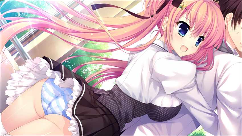 alia's_carnival ass blue_eyes game_cg hug mitha nanawind panties pink_hair seifuku shinomori_yumi striped_panties underwear