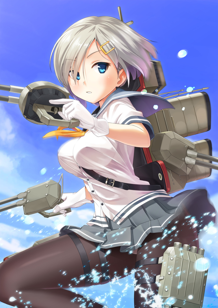 black_legwear blue_eyes breasts gloves gun hair_ornament hair_over_one_eye hairclip hamakaze_(kantai_collection) highres impossible_clothes kantai_collection large_breasts md5_mismatch panties panties_under_pantyhose pantyhose resized sawada_yuusuke school_uniform serafuku short_hair short_sleeves silver_hair skirt solo underwear upscaled water weapon