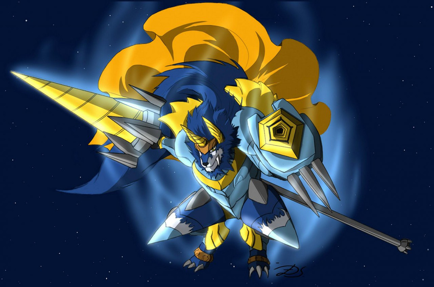 color_swap digimon digivolution dorulumon dragonslash fighter gold jager jagerdorulumon knight male meca night polearm shining shiny silver sky spear ultimate warrior weapon