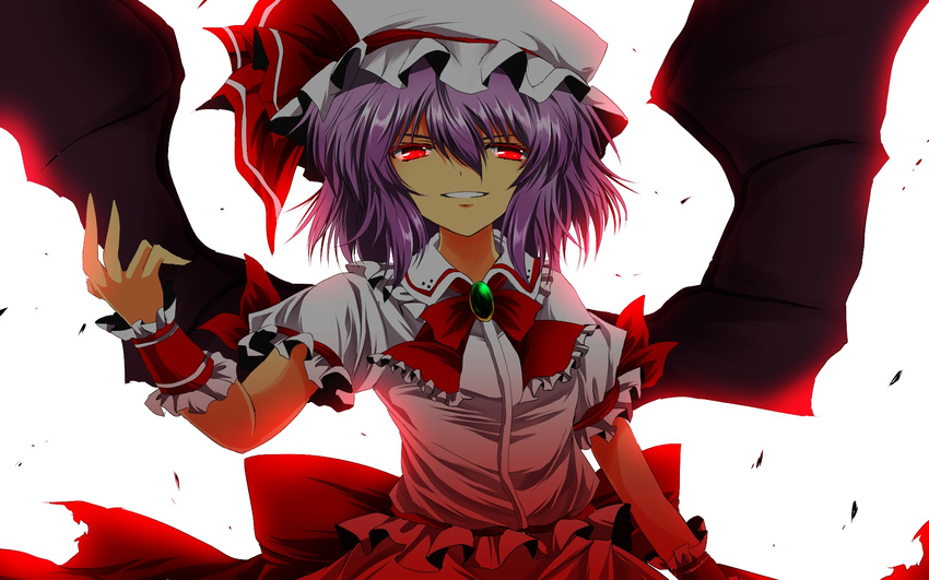 backlighting bat_wings bow brooch dress hat hat_ribbon highres jewelry looking_at_viewer mob_cap nekominase puffy_sleeves purple_hair red_eyes remilia_scarlet ribbon short_sleeves smile solo touhou white_dress wings wrist_cuffs