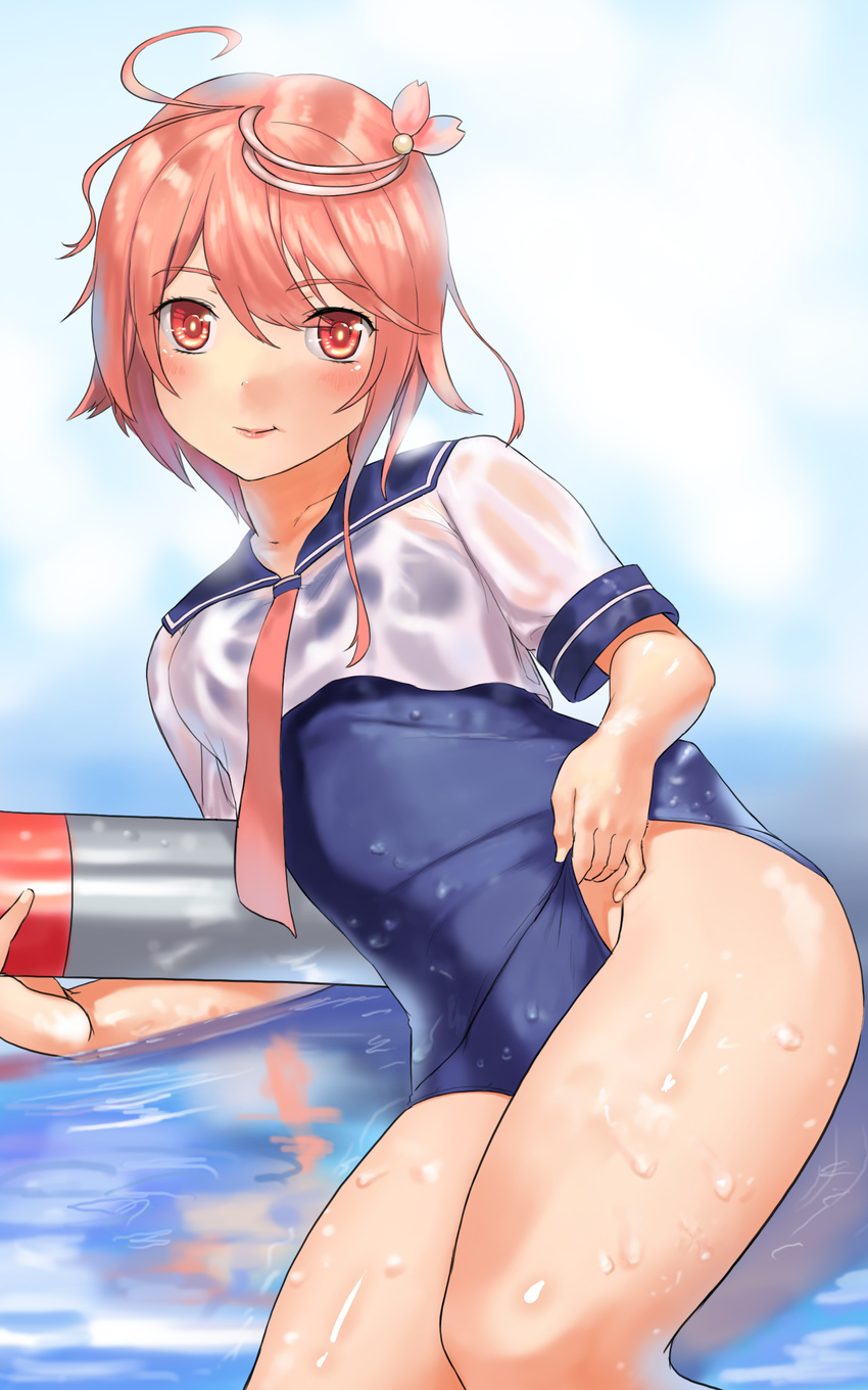 absurdres ahoge blush brown_hair hair_ornament highres i-58_(kantai_collection) kantai_collection looking_at_viewer red_eyes school_swimsuit school_uniform serafuku short_hair smile solo swimsuit swimsuit_lift swimsuit_under_clothes torpedo turiganesou800 water wet wet_clothes