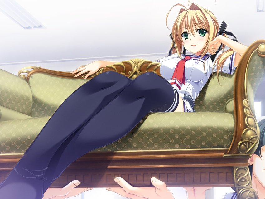 2boys antenna_hair bare_arms black_legwear black_ribbon blonde_hair blouse blush breasts carrying ceiling ceiling_light character_name couch eyebrows_visible_through_hair feet_out_of_frame fingernails from_below green_eyes hair_intakes hair_over_shoulder hair_ribbon head_rest highres indoors kamiyama_reika kourin_no_machi_lavender_no_shoujo leaning_back legs long_hair looking_at_viewer looking_down medium_breasts microskirt multiple_boys neckerchief out_of_frame outstretched_arm parted_lips red_neckwear ribbon school_uniform short_sleeves sitting skirt smile solo_focus thighhighs twintails white_blouse yuuki_hagure