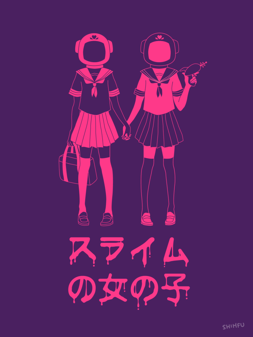 arm_at_side arm_up arms_at_sides commentary english_commentary facing_viewer full_body gun hand_holding heart helmet highres holding holding_gun holding_weapon loafers monochrome neckerchief pink pleated_skirt sailor_collar shoes short_sleeves side-by-side simple_background skirt standing stephanie_shih thighhighs weapon zettai_ryouiki
