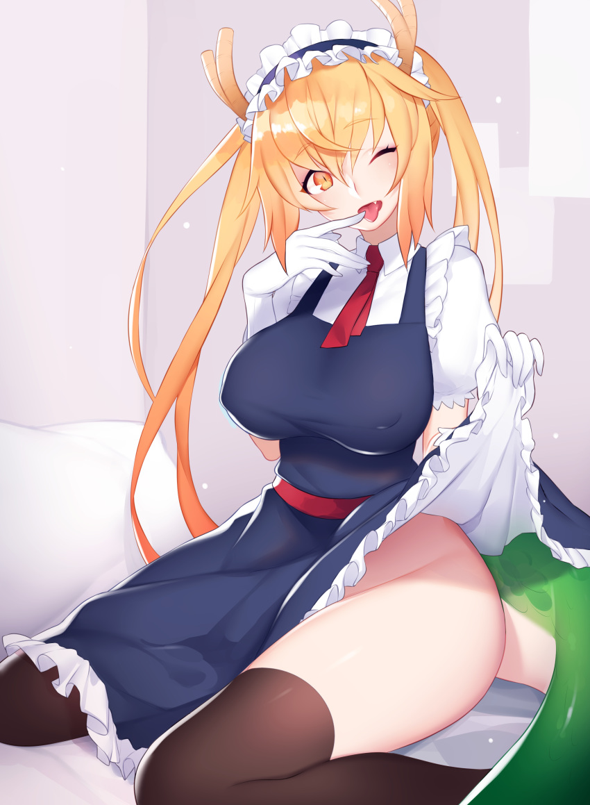;d absurdres bangs bed_sheet black_dress blonde_hair blush breasts collarbone collared_shirt covered_navel dragon_tail dress dress_lift erect_nipples eyebrows_visible_through_hair fang feet_out_of_frame finger_to_mouth frills gloves groin highres horns kobayashi-san_chi_no_maidragon large_breasts lifted_by_self long_hair looking_at_viewer maid_headdress multiple_views nanoless necktie no_panties on_bed one_eye_closed open_mouth paid_reward patreon_reward pillow pinafore_dress puffy_short_sleeves puffy_sleeves pussy_peek red_neckwear shiny shiny_hair shirt short_sleeves sitting slit_pupils smile tail tongue tongue_out tooru_(maidragon) twintails very_long_hair wariza white_gloves white_shirt wing_collar yellow_eyes