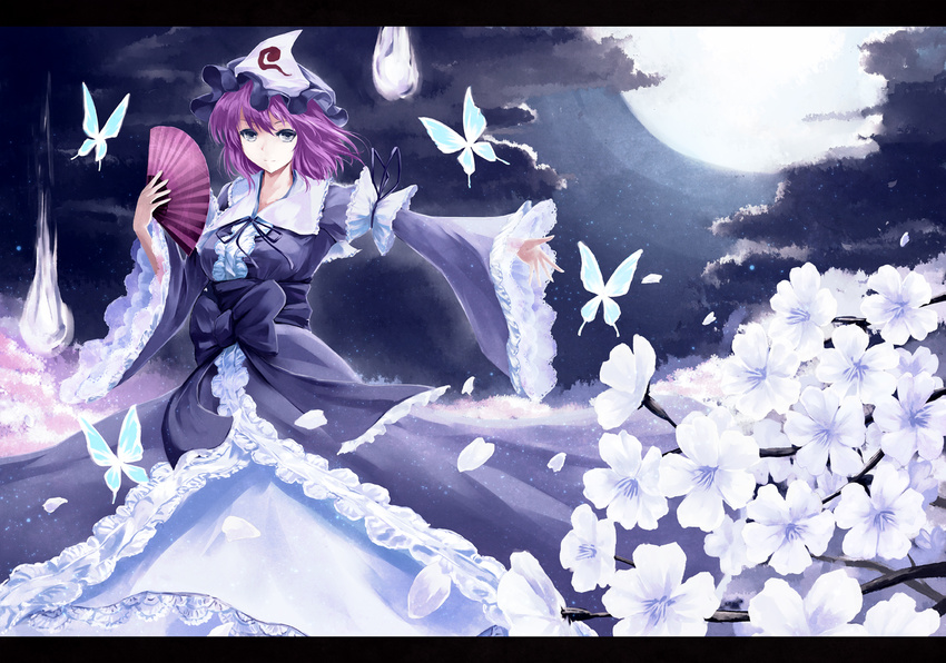 arm_garter bow breasts bug butterfly fan flower folding_fan glowing grey_eyes hat hitodama insect japanese_clothes kimono kz_nagomiya lace light_smile long_sleeves medium_breasts mob_cap moon night night_sky obi outstretched_hand petals purple_hair ribbon saigyouji_yuyuko sash short_hair sky solo star_(sky) touhou triangular_headpiece wide_sleeves