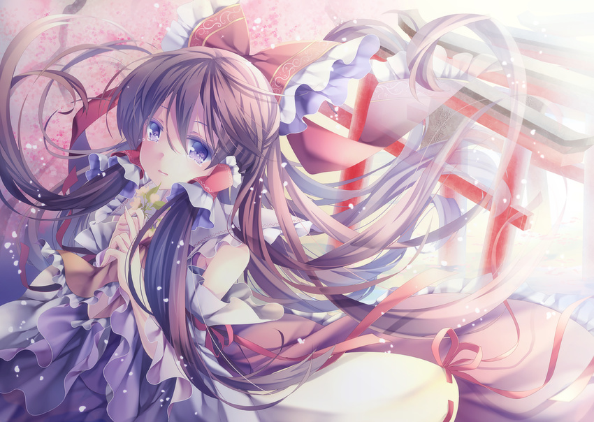 bad_id bad_pixiv_id bare_shoulders bow brown_hair cherry_blossoms crying detached_sleeves dress hair_bow hair_tubes hakurei_reimu hands_clasped long_hair long_sleeves looking_at_viewer mikazuki_sara own_hands_together petals purple_eyes red_dress ribbon-trimmed_sleeves ribbon_trim solo torii touhou tree twig very_long_hair wide_sleeves