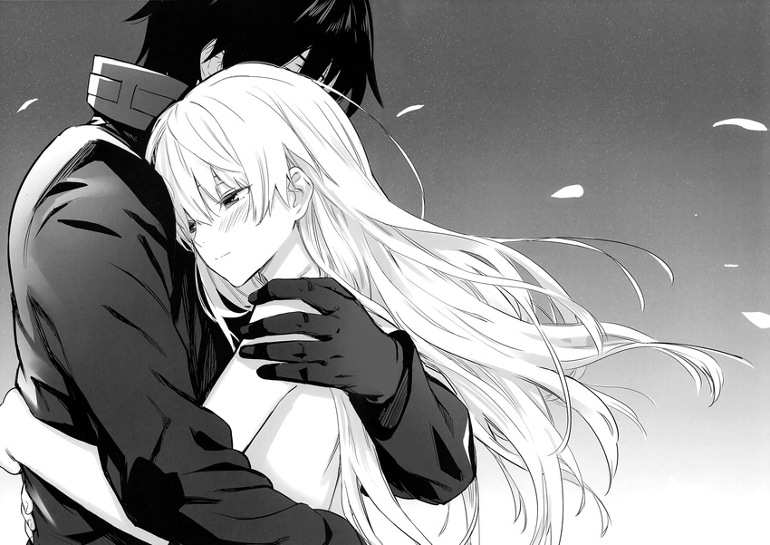 1girl absurdres blush comforting couple darker_than_black gloves greyscale hei hetero highres hug jacket kawakami_rokkaku long_hair monochrome smile topless yin