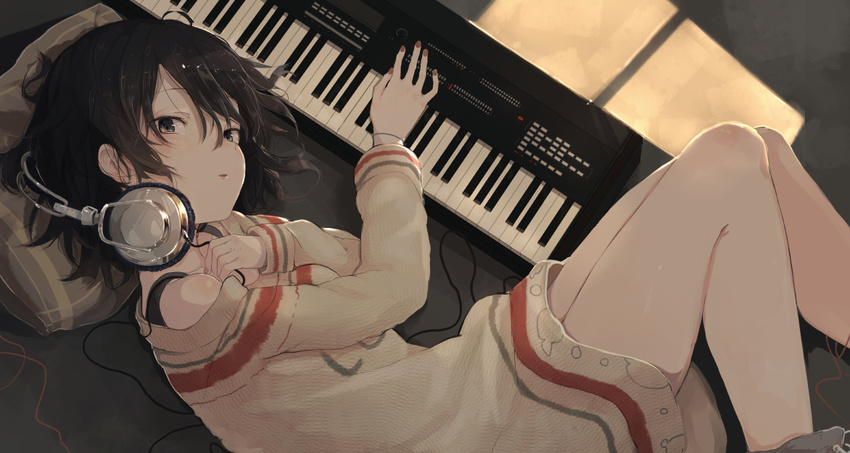 black_eyes black_hair blush headphones instrument looking_at_viewer lying original solo synthesizer thighs yushika