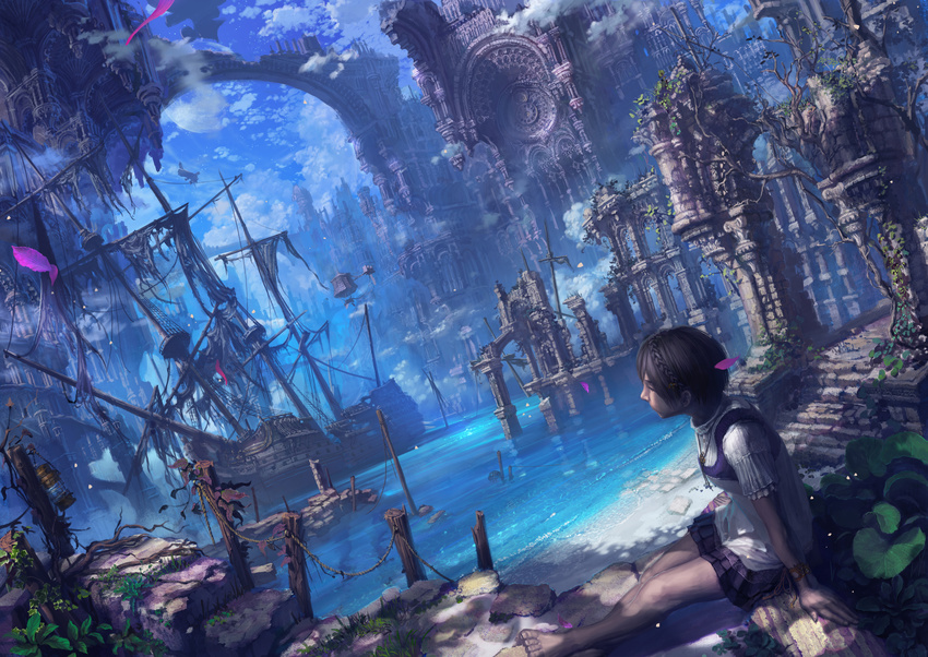 absurdres architecture bad_revision black_hair braid cloud cropped_revision gothic_architecture harbor highres jewelry lamp md5_mismatch necklace original palace reishin_(tenpurasoba) ruins scenery ship shipwreck short_hair sitting skirt sky water watercraft