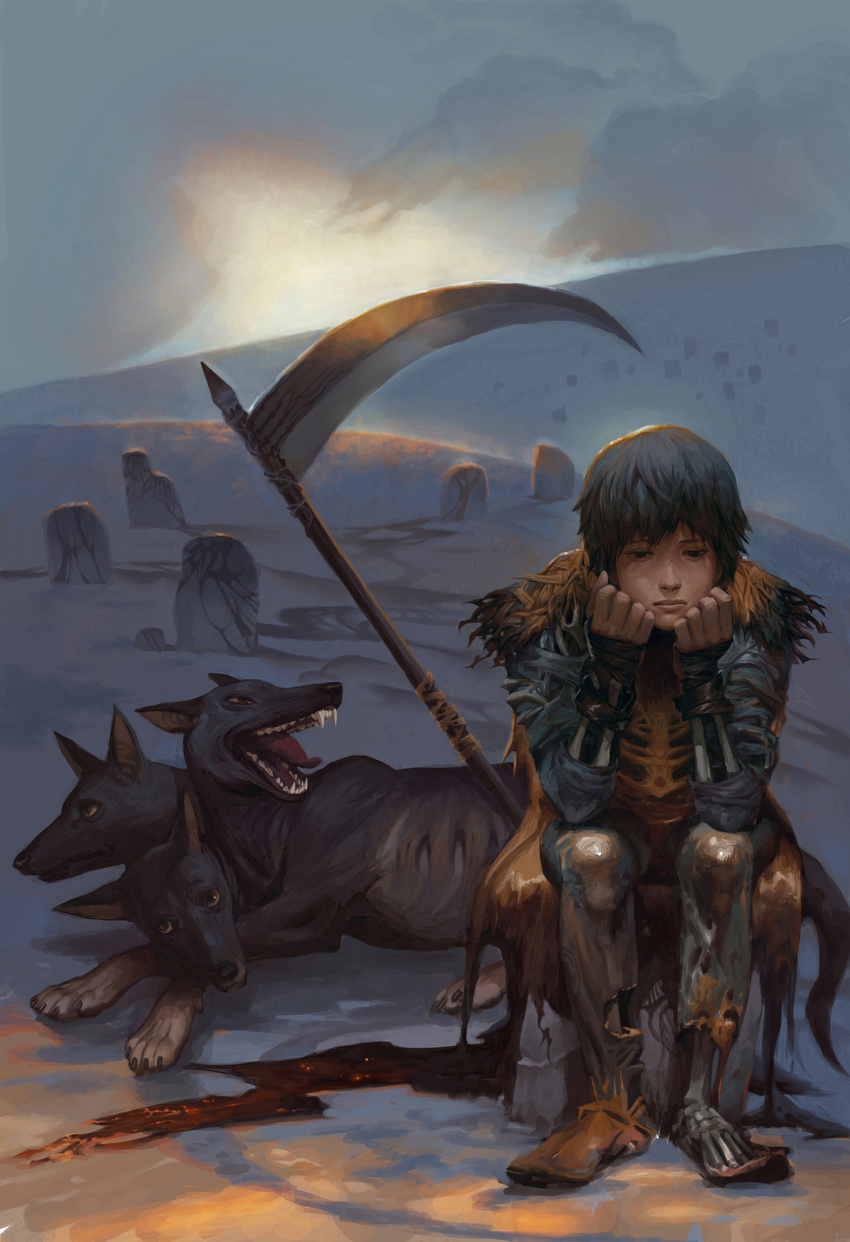 absurdres black_hair cerberus fur_collar graveyard highres original plss9107 scythe sitting skeletal_arm zombie