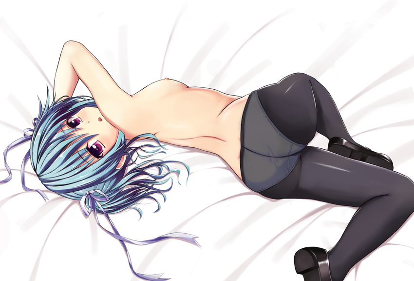 :o absurdres areolae ass back bed_sheet black_legwear blue_hair breasts commentary crotch_seam hair_ribbon highres jangif loafers looking_at_viewer looking_back lying mashiroiro_symphony nipples panties panties_under_pantyhose pantyhose purple_eyes ribbon romaji_commentary shoe_soles shoes short_hair small_breasts solo topless twintails underwear uryuu_sakuno white_panties