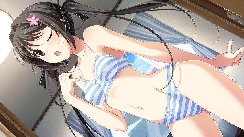 ;o black_hair blush bow bow_bra bow_panties bra brown_eyes dutch_angle hair_ornament hair_ribbon indoors kissbell lace lace_bra lingerie long_hair miyamae_eri navel one_eye_closed open_mouth panties ribbon solo striped striped_bra striped_panties takei_ooki twintails underwear underwear_only