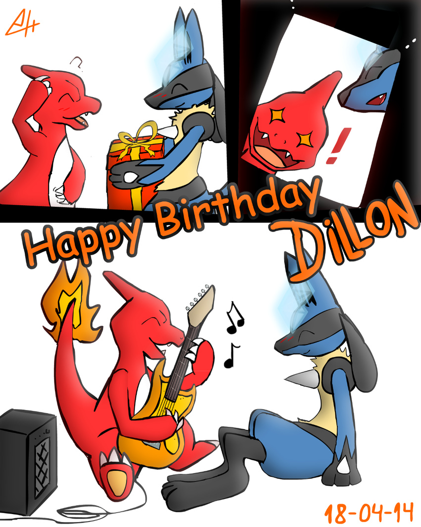 ? ambiguous_gender charmeleon comic duo gift happy lucario male nintendo open_mouth pok&#233;mon pok&eacute;mon siberiancrystalx video_games