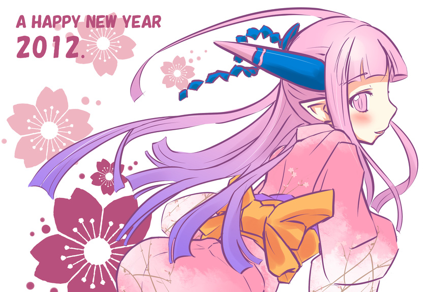 2012 absurdres gradient_hair happy_new_year highres japanese_clothes kimono long_hair looking_back multicolored_hair new_year pink_eyes pink_hair solo very_long_hair yamamoto_(kirisamemario)