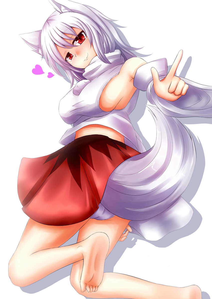 absurdres animal_ears banned_artist bare_shoulders barefoot blush breasts detached_sleeves heart highres inubashiri_momiji large_breasts looking_at_viewer midriff naughty_face no_bra no_hat no_headwear oohirakeisuke panties pom_pom_(clothes) red_eyes short_hair sideboob silver_hair simple_background smile solo tail touhou underwear white_background white_panties wolf_ears wolf_tail