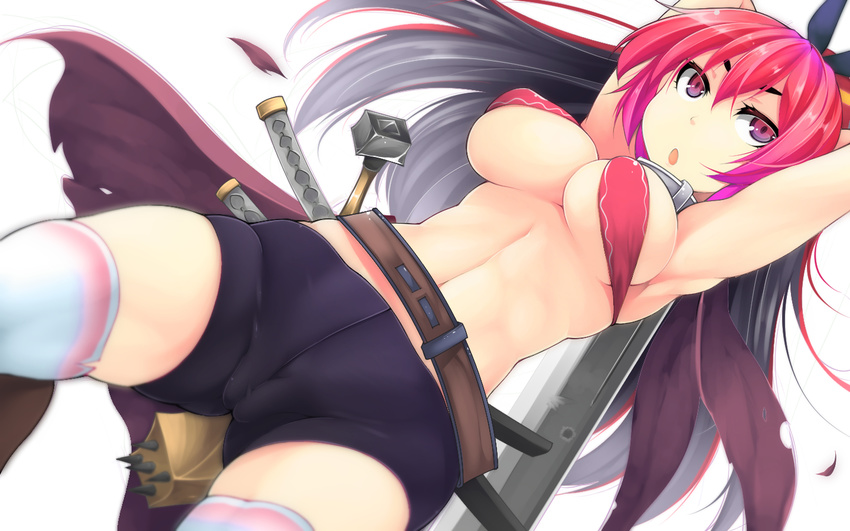 armpits bad_id bad_pixiv_id black_hair breasts cameltoe eyebrows large_breasts long_hair multicolored_hair original parted_lips pink_hair shachi_kamaboko short_shorts shorts simple_background skindentation solo underboob wallpaper white_background