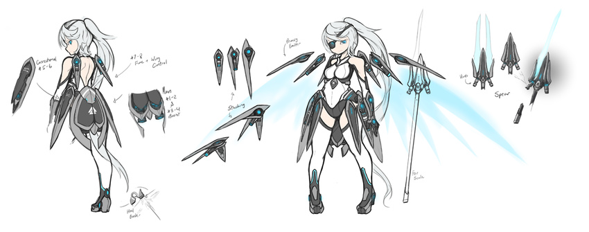 1girl arceonn back blue_eyes boots borrowed_character concept_art elbow_gloves energy_wings eyepatch faulds funnels gauntlets gloves high_ponytail leotard original polearm silver_hair small_breasts solo thigh_boots thighhighs weapon white_gloves white_legwear
