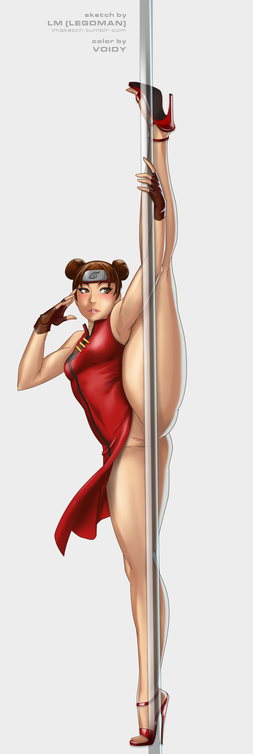 absurdres blush breasts brown_eyes brown_hair china_dress chinese_clothes collaboration colorized double_bun dress fingerless_gloves flexible forehead_protector full_body gloves high_heels highres konohagakure_symbol lips lm_(legoman) long_legs naruto naruto_(series) no_panties pole pole_dancing pussy red_dress red_footwear shoes small_breasts solo split standing standing_on_one_leg standing_split stiletto_heels stripper_pole tenten thick_thighs thighs voidy