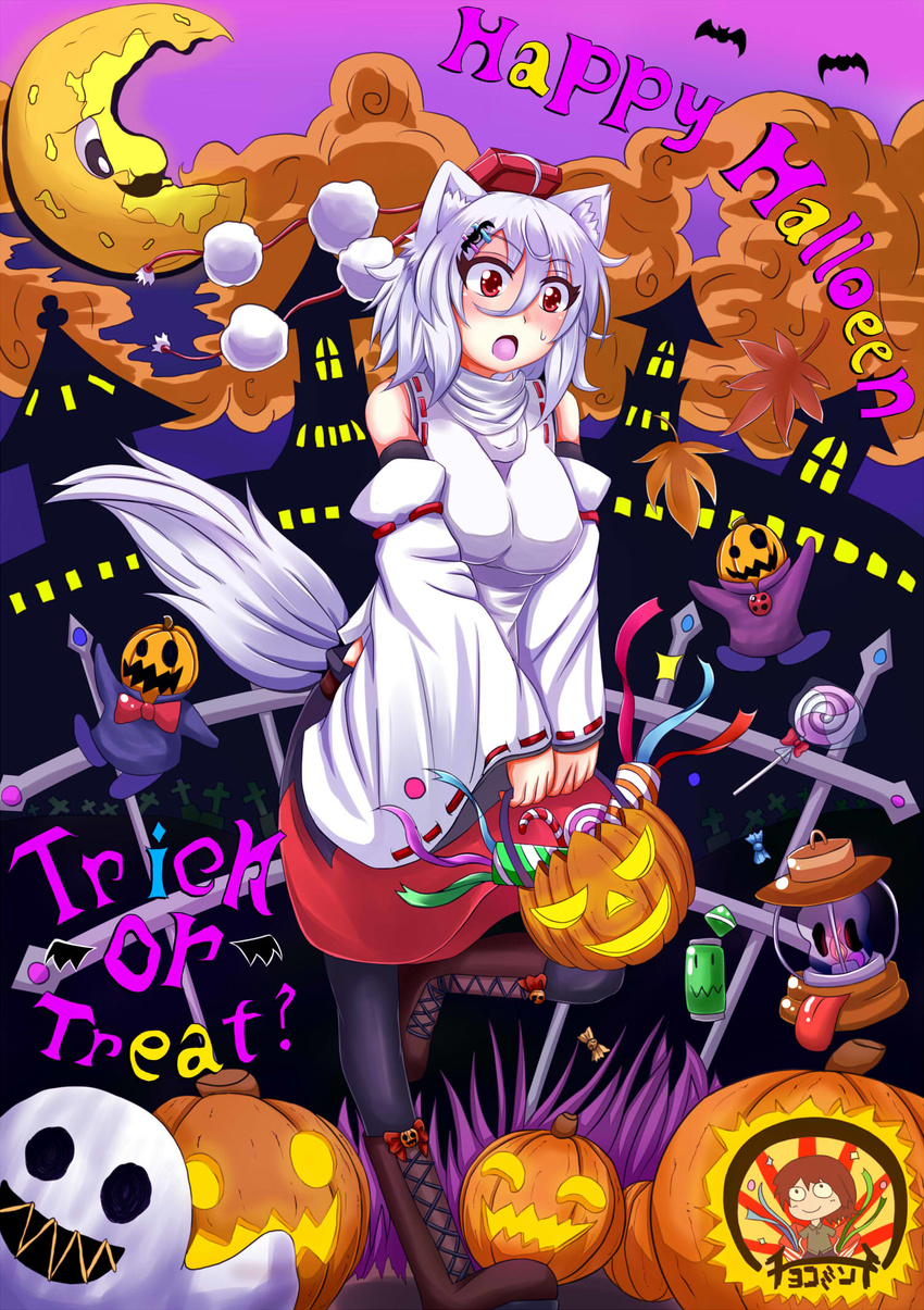 ahoge animal_ears autumn_leaves banned_artist bare_shoulders bat bat_hair_ornament bat_wings black_legwear blush boots breasts candy detached_sleeves engrish food ghost graveyard hair_ornament halloween hat highres inubashiri_momiji large_breasts leaf lollipop moon oohirakeisuke pom_pom_(clothes) pumpkin ranguage red_eyes shirt short_hair silver_hair skirt solo tail tokin_hat tongue tongue_out touhou town trick_or_treat wings wolf_ears wolf_tail |w|