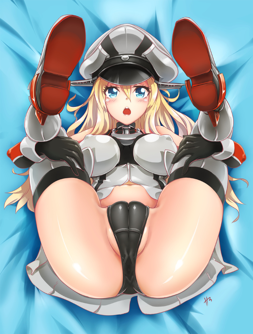 ass bismarck_(kantai_collection) blonde_hair blue_eyes breasts cameltoe covered_nipples grey_legwear hat highres kantai_collection knees_on_chest large_breasts long_hair looking_at_viewer lying on_back open_mouth partially_visible_vulva phandit_thirathon solo thighhighs