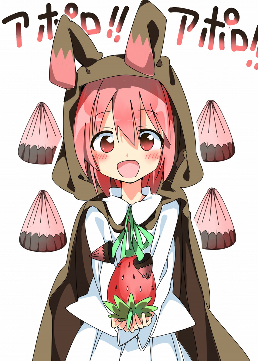 apollo_chocolate bad_id bad_pixiv_id blush chocolate food fruit highres looking_at_viewer open_mouth original personification pink_eyes pink_hair short_hair simple_background smile solo strawberry tantan_men_(dragon) translated white_background
