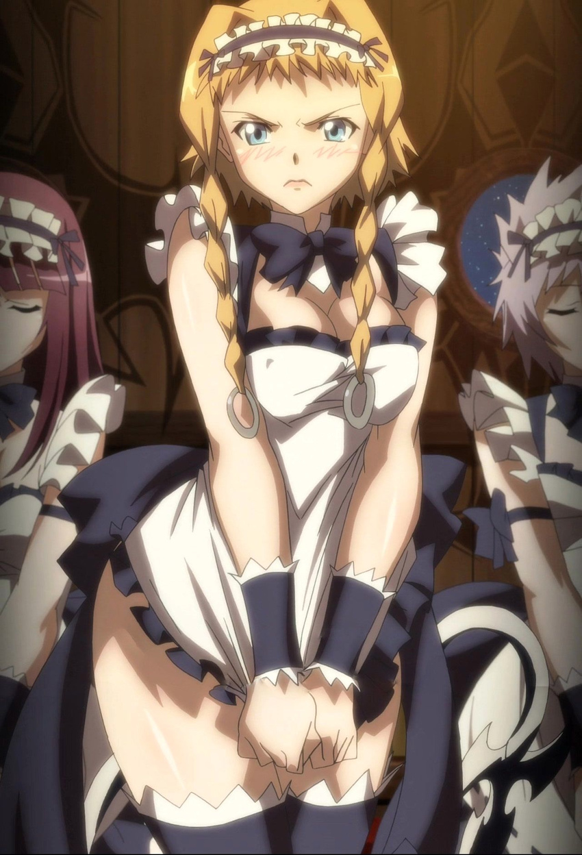 angry apron black_legwear blonde_hair blue_eyes blush bow bowtie braid breasts cleavage covering covering_crotch detached_collar highres large_breasts leina long_hair maid maid_apron maid_headdress multiple_girls queen's_blade queen's_blade queen's_blade_rebellion queen's_blade_vanquished_queens screencap skirt_tug standing stitched thighhighs wrist_cuffs