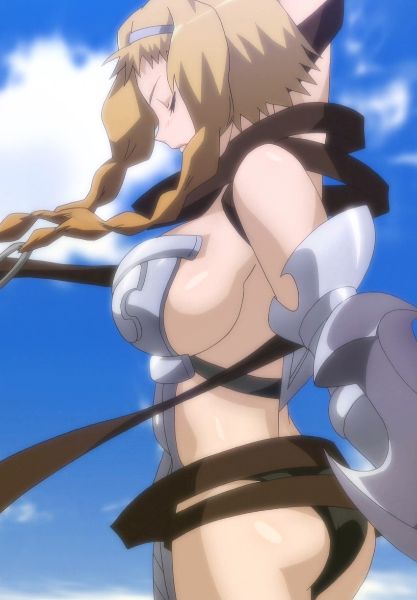 1girl armor ass black_panties blonde_hair breasts eyes_closed highres large_breasts leina long_hair panties queen's_blade queen's_blade queen's_blade_rebellion queen's_blade_vanquished_queens screencap sideboob solo standing stitched underwear