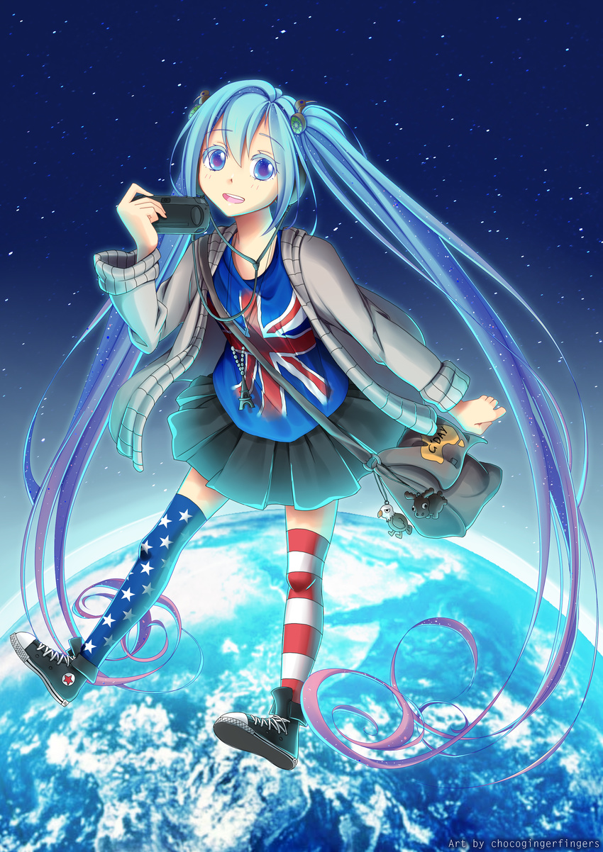 absurdly_long_hair absurdres american_flag american_flag_legwear artist_name bad_id bad_pixiv_id bag blue_eyes blue_hair chocogingerfingers converse earth english flag_print full_body handheld_game_console hatsune_miku headphones highres long_hair map_print playstation_vita print_legwear print_shirt shirt shoes skirt sneakers solo star star_print striped striped_legwear thighhighs twintails union_jack very_long_hair vocaloid